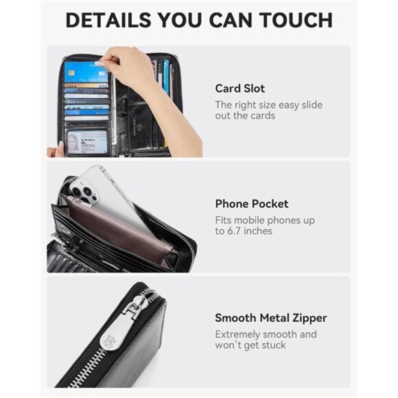Leather Wallets for Women RFID Blocking Credit Cards Holder Phone Clutch Black - Picture 3 of 7